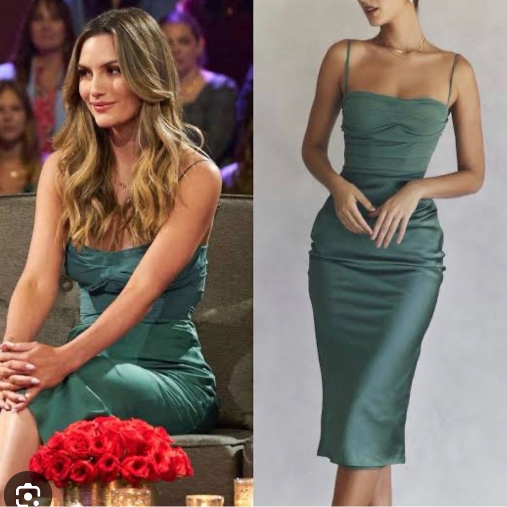 House of CB Green Satin Ruched Midi Dress